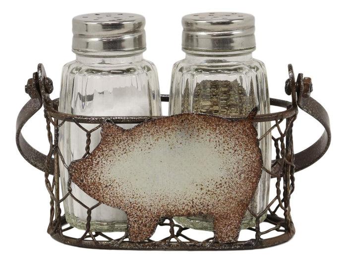 Ebros Gift Galvanized Metal Rustic Vintage Farm Milk Basket Crate With Swine Pig Design Salt And Pepper Shakers Display Holder Set 5.25"High