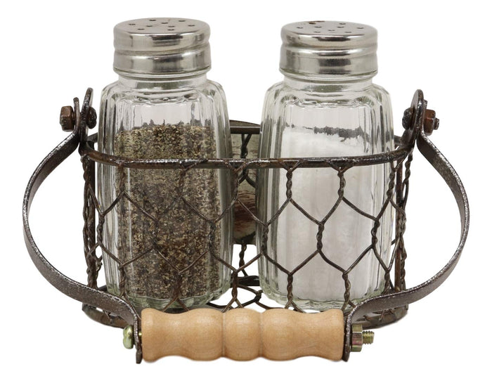 Ebros Gift Galvanized Metal Rustic Vintage Farm Milk Basket Crate With Swine Pig Design Salt And Pepper Shakers Display Holder Set 5.25"High