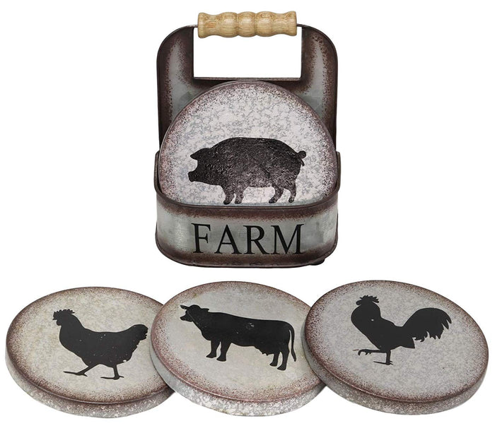 Ebros Gift Galvanized Metal Rustic Western Animal Farm Livestock Rooster Hen Pig Cow Coaster Set 4 Round Assorted Coasters With Basket Holder 5.25" High Cabin Lodge Mountain Lake Side Home Decor