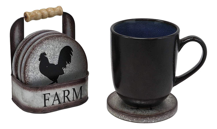 Ebros Gift Galvanized Metal Rustic Western Animal Farm Livestock Rooster Hen Pig Cow Coaster Set 4 Round Assorted Coasters With Basket Holder 5.25" High Cabin Lodge Mountain Lake Side Home Decor
