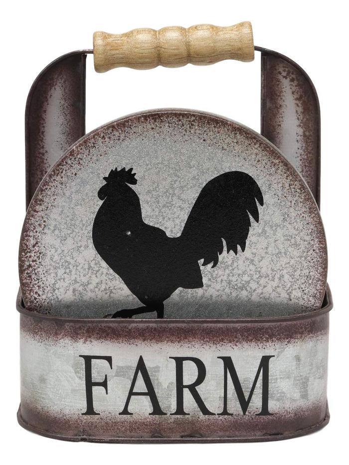 Ebros Gift Galvanized Metal Rustic Western Animal Farm Livestock Rooster Hen Pig Cow Coaster Set 4 Round Assorted Coasters With Basket Holder 5.25" High Cabin Lodge Mountain Lake Side Home Decor