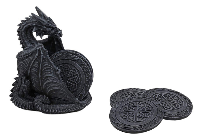 Ebros Gift Gothic Winged Guardian Dragon With Celtic Knotwork Coaster Set Figurine Holder With 6 Round Coasters 6.25" Tall Dungeons And Dragons Mythical Fantasy Flying Beast