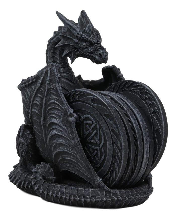 Ebros Gift Gothic Winged Guardian Dragon With Celtic Knotwork Coaster Set Figurine Holder With 6 Round Coasters 6.25" Tall Dungeons And Dragons Mythical Fantasy Flying Beast