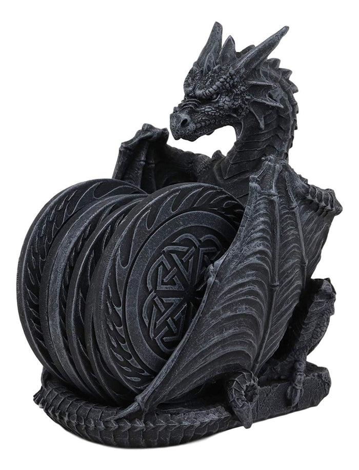 Ebros Gift Gothic Winged Guardian Dragon With Celtic Knotwork Coaster Set Figurine Holder With 6 Round Coasters 6.25" Tall Dungeons And Dragons Mythical Fantasy Flying Beast