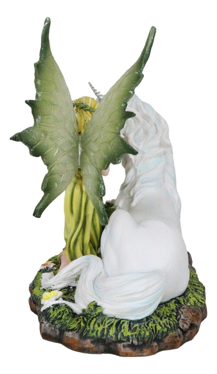 Ebros Gift Green Earth Gaia Fairy With Rare Floral White Unicorn Statue Decor Figurine 7" Long Unicorns Glade Enchanted Magical Encounter Collectible