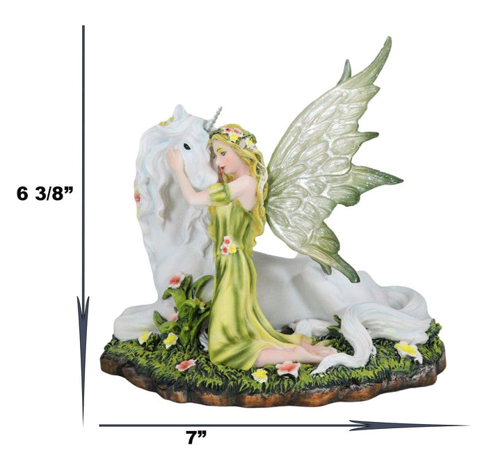 Ebros Gift Green Earth Gaia Fairy With Rare Floral White Unicorn Statue Decor Figurine 7" Long Unicorns Glade Enchanted Magical Encounter Collectible