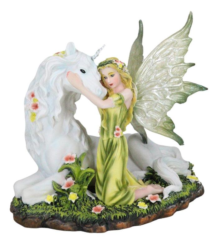 Ebros Gift Green Earth Gaia Fairy With Rare Floral White Unicorn Statue Decor Figurine 7" Long Unicorns Glade Enchanted Magical Encounter Collectible