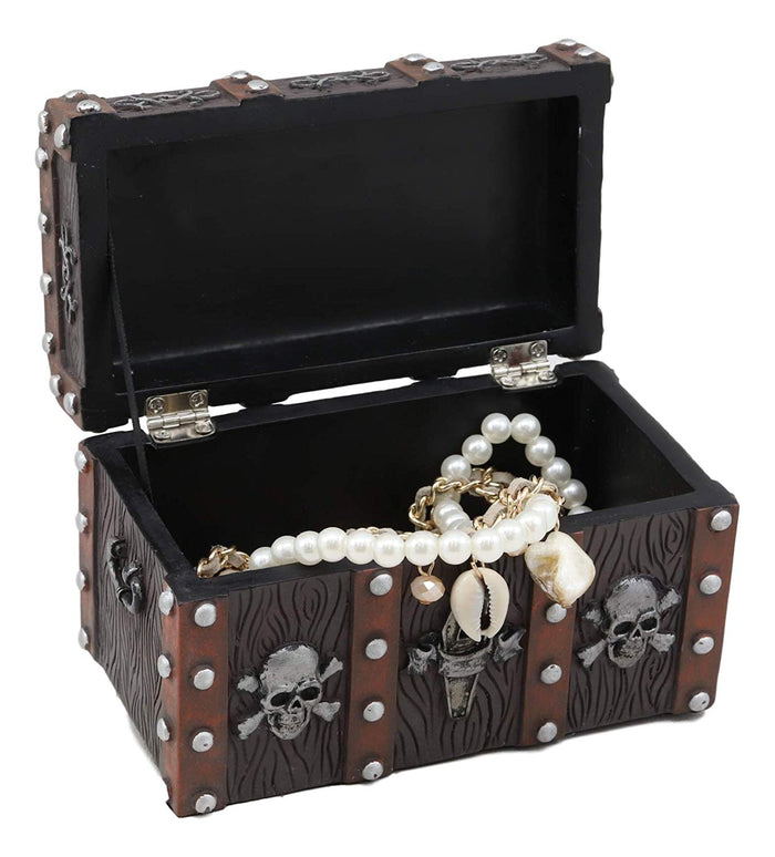 Ebros Gift Haunted Caribbean Pirate Skull With Crossbones Small Treasure Chest Box Jewelry Box Figurine 6 Inches Long Nautical Coastal Ocean Spooky Halloween Macabre Themed Decor