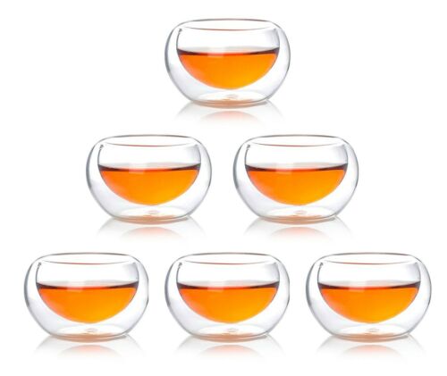 Ebros Gift Heat Thermal Resistant Double Wall Insulated Glass Sake Or Tea Cup Set Of 6 Cups Glasses Drinks Kitchen Decor (Small 2.5"Diameter 2oz)