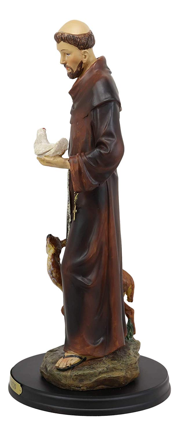 Ebros Gift Holy Catholic Saint Francis Of Assisi With Dove And Deer Statue And Brass Name Plate 12.25" H Devoted Monk Patron Of Animals & Environment Servant Of Christ Altar Figurine Sculpture