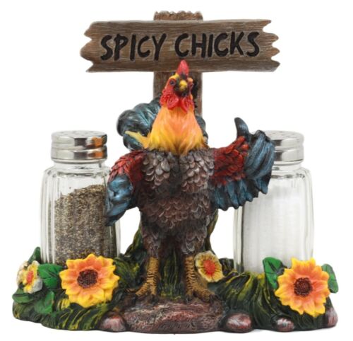 Ebros Gift Hot & Spicy Chicks Sign Rooster Glass Salt Pepper Shakers Holder