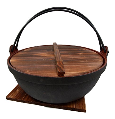 Ebros Gift Japanese Cast Iron Sukiyaki Shabu Shabu Nabe Ramen Personal Size Hot Pot With Wooden Lid 11.5" Diameter