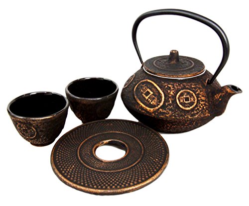Ebros Gift Japanese Dark Rich Gold In Coin Money Pattern Heavy Cast Iron Tea Pot With Trivet And Cups Set Serves 2