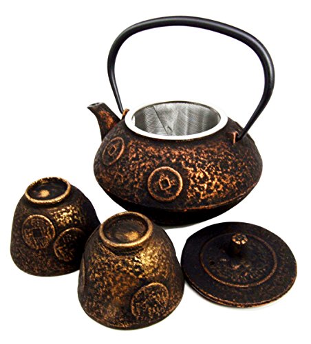 Ebros Gift Japanese Dark Rich Gold In Coin Money Pattern Heavy Cast Iron Tea Pot With Trivet And Cups Set Serves 2