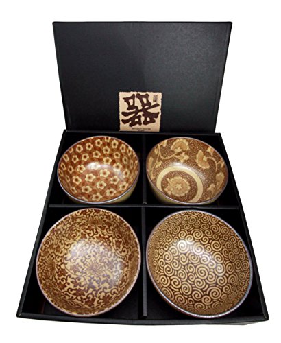 Ebros Gift Japanese Floral Blossom Sepia Brown Color Food Safe 5" Diameter Decorative Bowl Set Of 4 Ceramic
