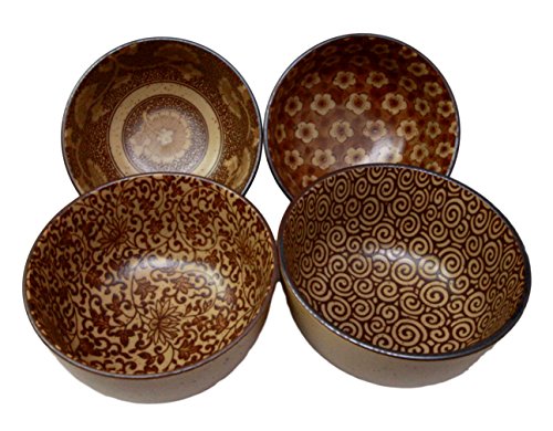 Ebros Gift Japanese Floral Blossom Sepia Brown Color Food Safe 5" Diameter Decorative Bowl Set Of 4 Ceramic