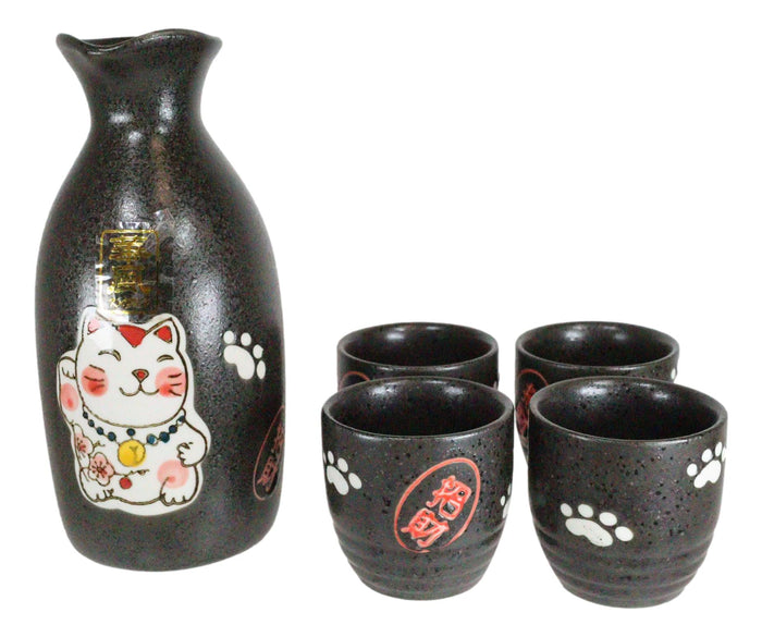 Ebros Gift Japanese Maneki Neko Lucky Charm Cat Glazed Ceramic Black Sake Set Flask With Four Cups Great Asian Living Home Decor And Gift For Housewarming Special Friendship Eastern Decorative Party Set