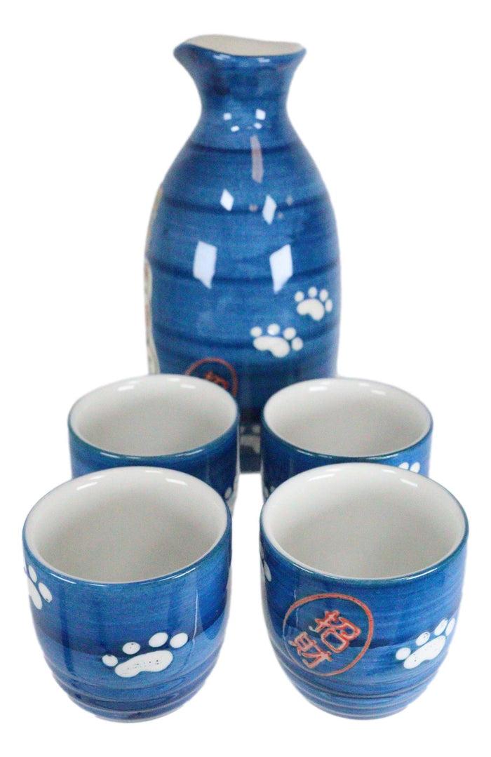 Ebros Gift Japanese Maneki Neko Lucky Charm Cat Glazed Ceramic Blue Sake Set Flask With Four Cups Great Asian Living Home Decor And Gift For Housewarming Special Friendship Eastern Decorative Party Set