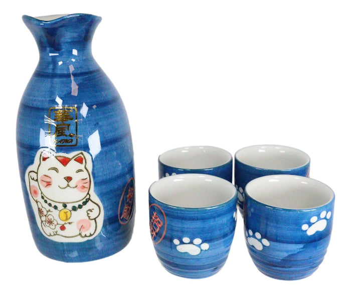 Ebros Gift Japanese Maneki Neko Lucky Charm Cat Glazed Ceramic Blue Sake Set Flask With Four Cups Great Asian Living Home Decor And Gift For Housewarming Special Friendship Eastern Decorative Party Set