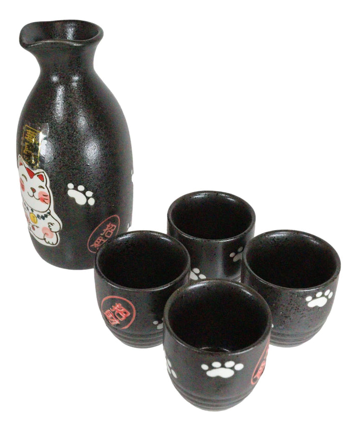 Ebros Gift Japanese Maneki Neko Lucky Charm Cat Glazed Ceramic Black Sake Set Flask With Four Cups Great Asian Living Home Decor And Gift For Housewarming Special Friendship Eastern Decorative Party Set