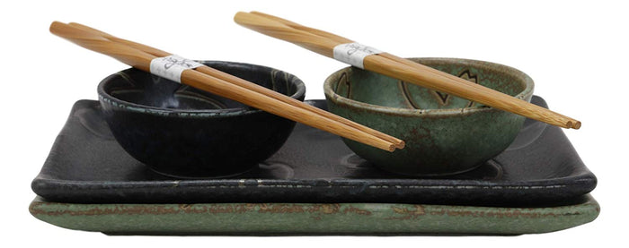 Ebros Gift Japanese Sakura Cherry Blossom Porcelain Sushi Dinnerware 6 Piece Set 2 Each Of Dinner Plates Dipping Soy Sauce Bowls And Bamboo Chopsticks Pair Gift Ideas (Matcha Green And Black Pair)