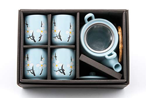 Ebros Gift Japanese Sakura Pastel Sky Blue Cherry Blossom Design Porcelain 20oz Tea Pot And 4 Cups Set Home Decor Asian Living Teapots Decorative Party Hosting Dining Table Accessories