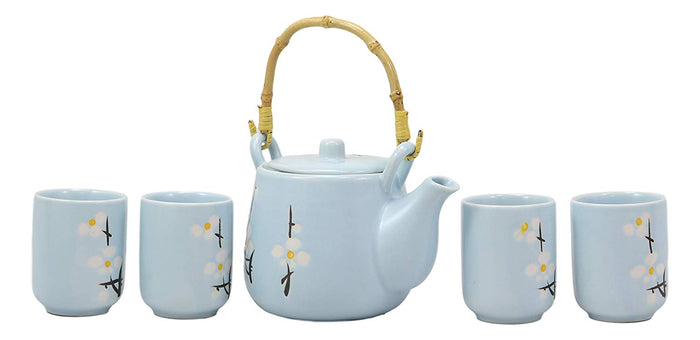 Ebros Gift Japanese Sakura Pastel Sky Blue Cherry Blossom Design Porcelain 20oz Tea Pot And 4 Cups Set Home Decor Asian Living Teapots Decorative Party Hosting Dining Table Accessories