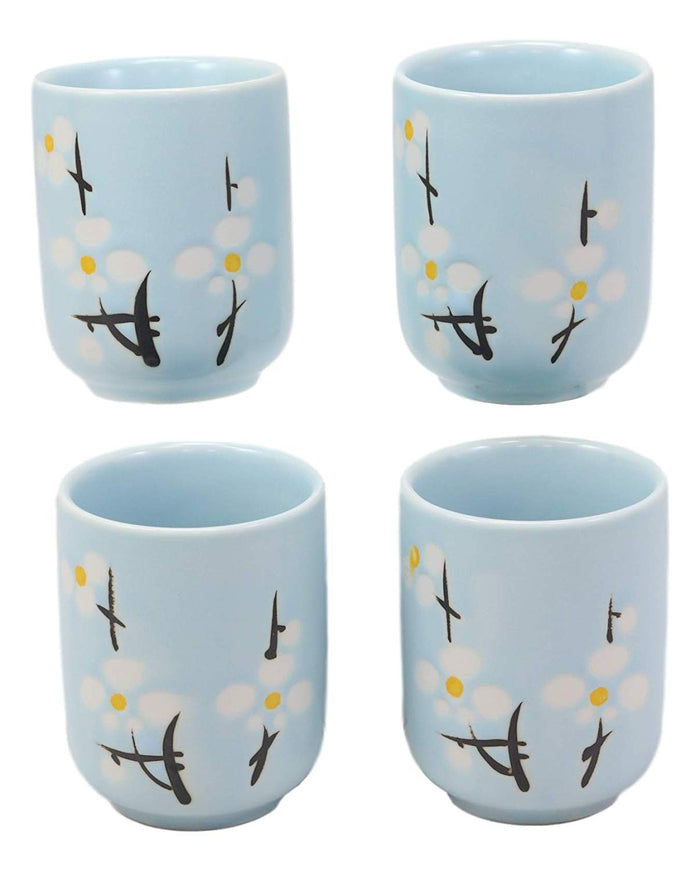Ebros Gift Japanese Sakura Pastel Sky Blue Cherry Blossom Design Porcelain 20oz Tea Pot And 4 Cups Set Home Decor Asian Living Teapots Decorative Party Hosting Dining Table Accessories