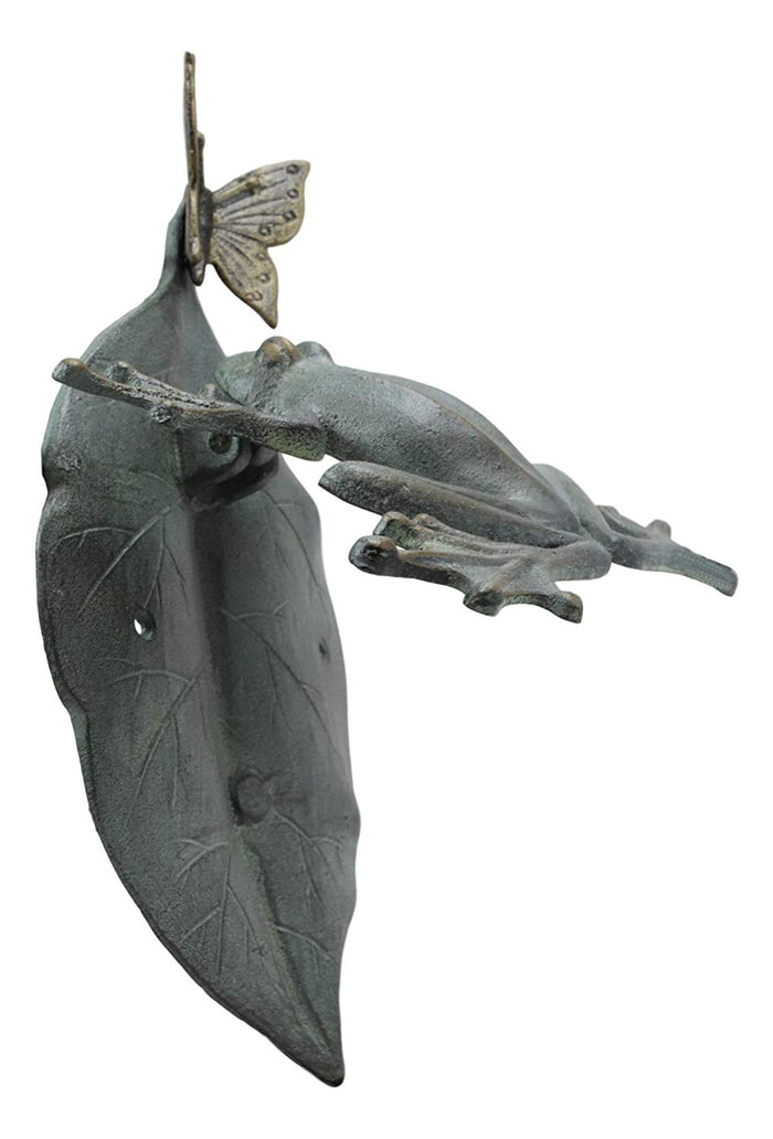 Ebros Gift Large 12" Tall Aluminum Metal Whimsical Frog On Giant Leaf With Butterfly Door Knocker Statue Zen Feng Shui Frogs Home Decorative Accent Sculpture