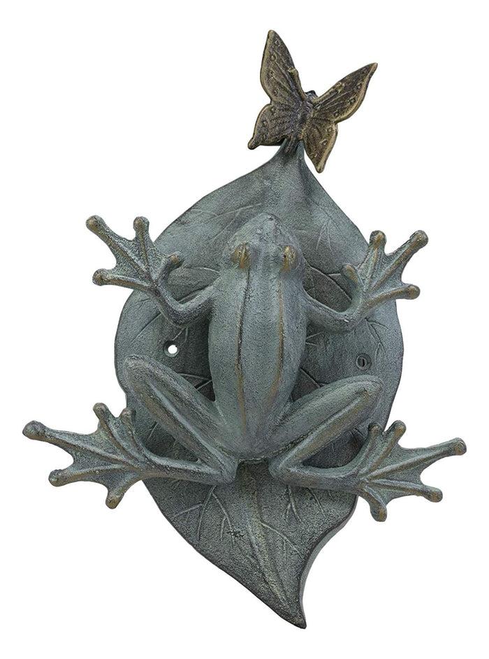 Ebros Gift Large 12" Tall Aluminum Metal Whimsical Frog On Giant Leaf With Butterfly Door Knocker Statue Zen Feng Shui Frogs Home Decorative Accent Sculpture