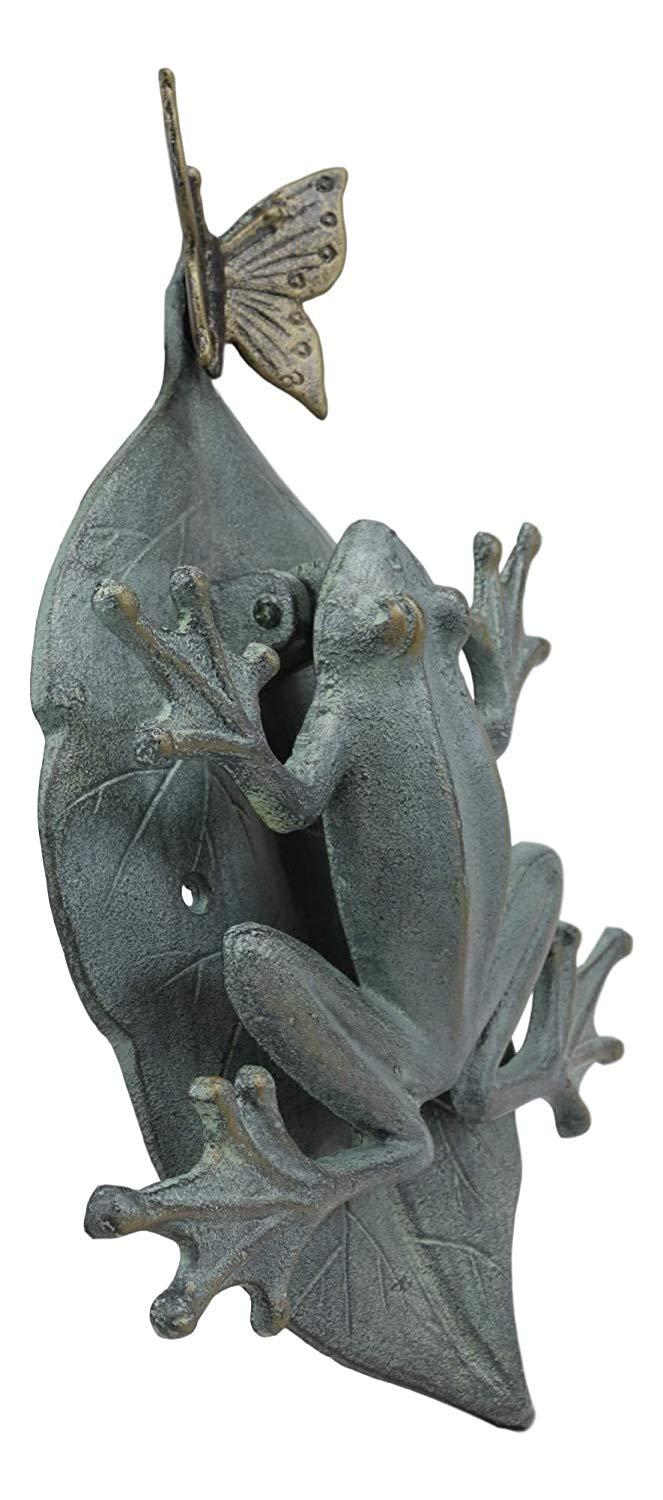 Ebros Gift Large 12" Tall Aluminum Metal Whimsical Frog On Giant Leaf With Butterfly Door Knocker Statue Zen Feng Shui Frogs Home Decorative Accent Sculpture