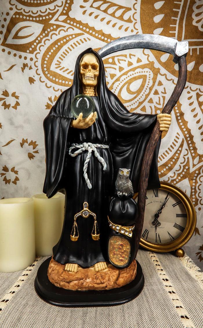Ebros Gift Large 16.75" Tall Holy Death Santa Muerte Holding Scythe Glass Globe With Scales Of Justice And Owl In Tunic Robe Statue Figurine (White) (BLACK)