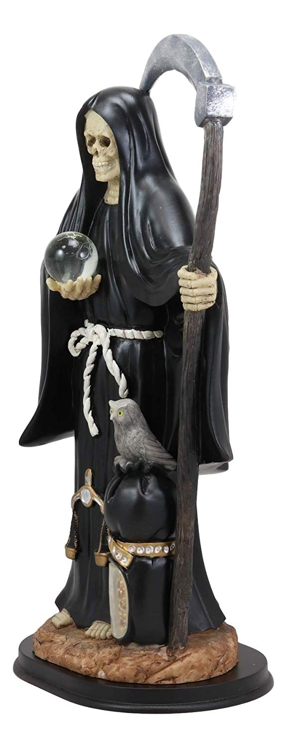 Ebros Gift Large 16.75" Tall Holy Death Santa Muerte Holding Scythe Glass Globe With Scales Of Justice And Owl In Tunic Robe Statue Figurine (White) (BLACK)