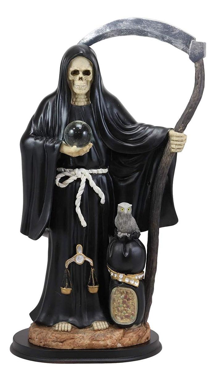 Ebros Gift Large 16.75" Tall Holy Death Santa Muerte Holding Scythe Glass Globe with Scales of Justice and Owl in Tunic Robe Statue Figurine (White) (BLACK)