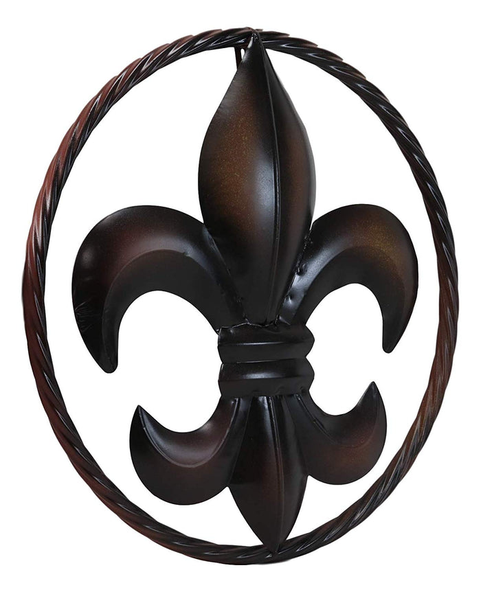 Ebros Gift Large 18" Wide Vintage Rustic Fleur De Lis Medallion With Braided Rope Border Design Metal Circle Wall Hanging Decor 3D Art Greeting Plaque Southern Western Country Decorative Accent