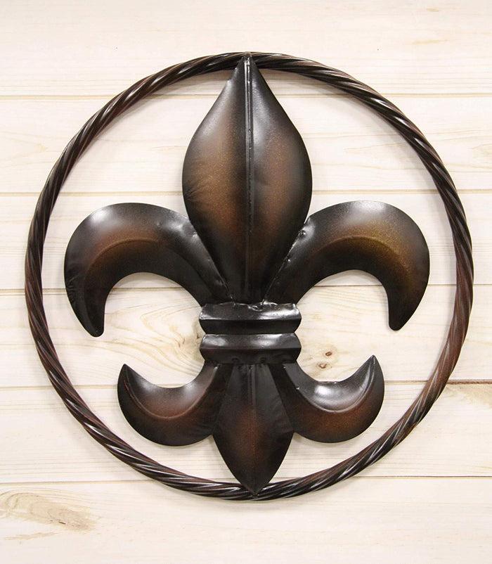 Ebros Gift Large 18" Wide Vintage Rustic Fleur De Lis Medallion with Braided Rope Border Design Metal Circle Wall Hanging Decor 3D Art Greeting Plaque Southern Western Country Decorative Accent