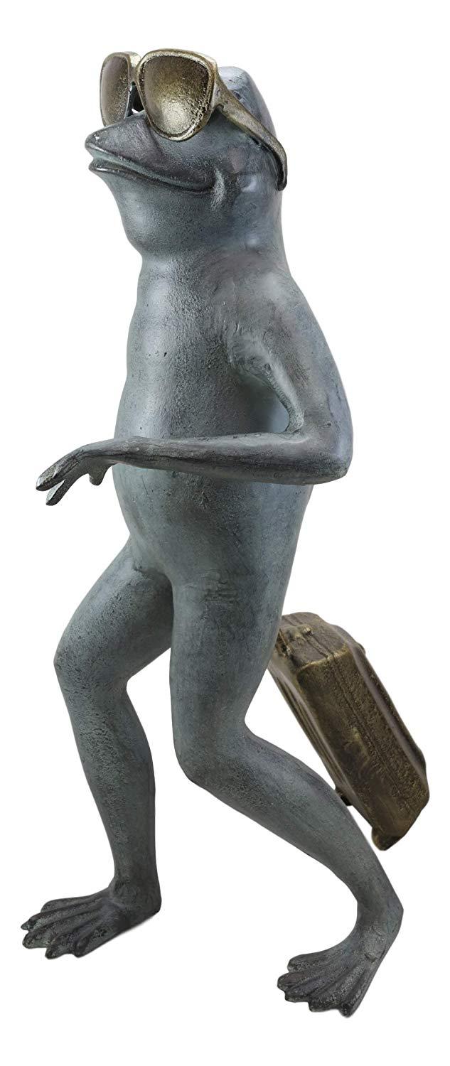 Ebros Gift Large Cast Aluminum Metal Whimsical Airport Travel Frog With Shades And Carry On Suitcase Garden Statue 21.25" Tall Pond Frogs Patio Pool Lawn Decorative Sculpture
