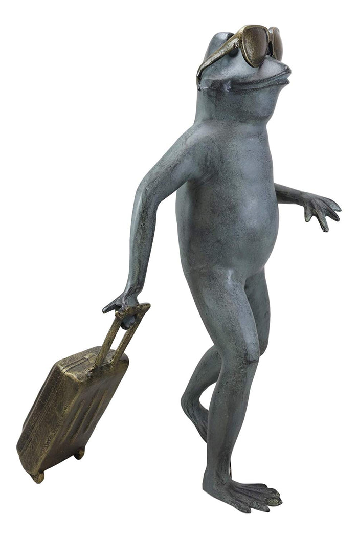 Ebros Gift Large Cast Aluminum Metal Whimsical Airport Travel Frog With Shades And Carry On Suitcase Garden Statue 21.25" Tall Pond Frogs Patio Pool Lawn Decorative Sculpture