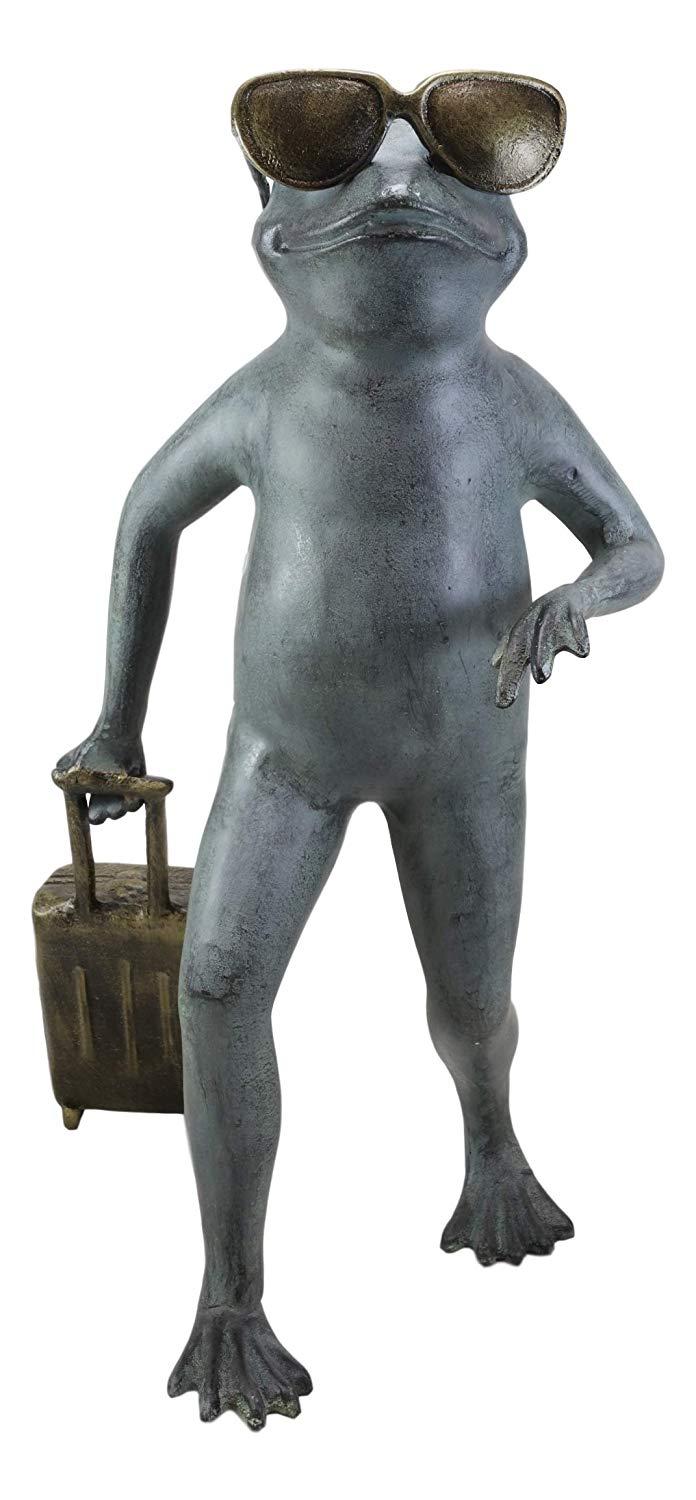 Ebros Gift Large Cast Aluminum Metal Whimsical Airport Travel Frog With Shades And Carry On Suitcase Garden Statue 21.25" Tall Pond Frogs Patio Pool Lawn Decorative Sculpture
