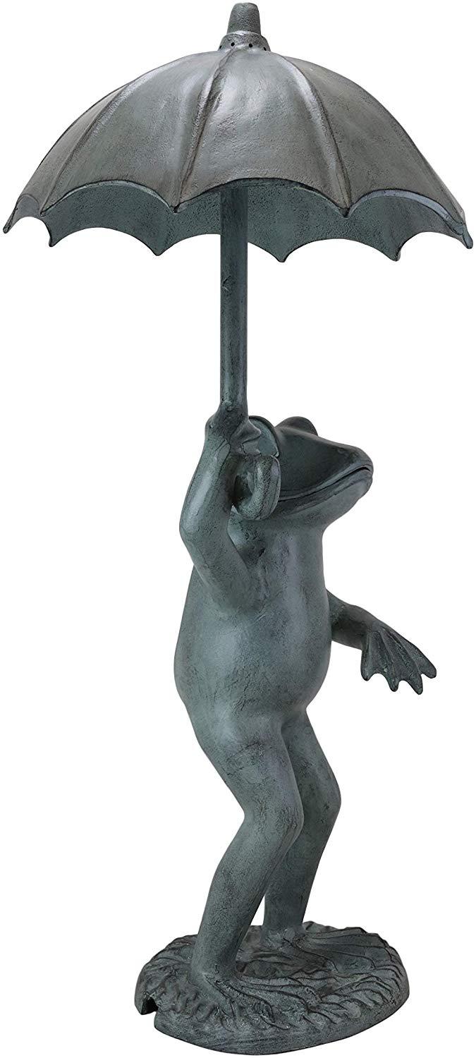 Ebros Gift Large Cast Aluminum Metal Whimsical Rainy Day Fable Frog With Umbrella Garden Water Spitter Statue 30.25" Tall Pond Frogs Fairy Tale Patio Pool Lawn Decorative Sculpture