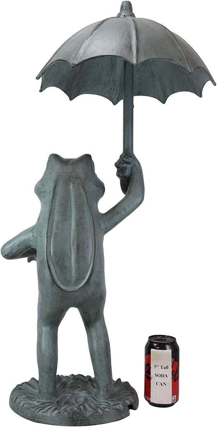 Ebros Gift Large Cast Aluminum Metal Whimsical Rainy Day Fable Frog With Umbrella Garden Water Spitter Statue 30.25" Tall Pond Frogs Fairy Tale Patio Pool Lawn Decorative Sculpture