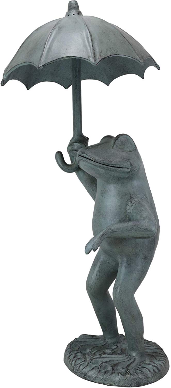 Ebros Gift Large Cast Aluminum Metal Whimsical Rainy Day Fable Frog With Umbrella Garden Water Spitter Statue 30.25" Tall Pond Frogs Fairy Tale Patio Pool Lawn Decorative Sculpture