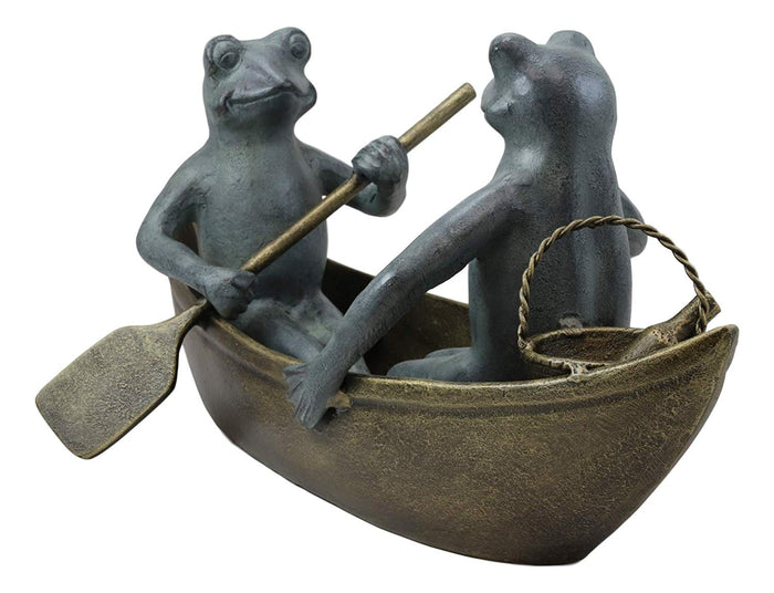 Ebros Gift Large Cast Aluminum Metal Whimsical Romantic Lover Couple Frogs Having Picnic On Rowboat Garden Statue 21.5" Wide River Pond Frog Patio Pool Lawn Decorative Sculpture
