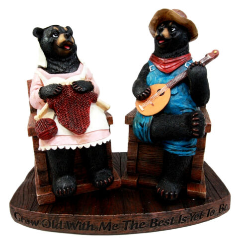 Ebros Gift Large Country Folk Bluegrass Honey Bear Couple Figurine 8.5" H Grow Old With Me Cottage Bears Playing Banjo & Knitting Yarn Decorative Sculpture