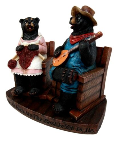 Ebros Gift Large Country Folk Bluegrass Honey Bear Couple Figurine 8.5" H Grow Old With Me Cottage Bears Playing Banjo & Knitting Yarn Decorative Sculpture