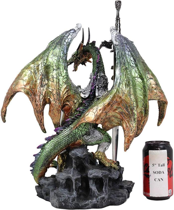 Ebros Gift Large Green Jade Armored Dragon Guardian Of The Space Orb And Excalibur Dagger Blade Sword Statue 16.75" Tall