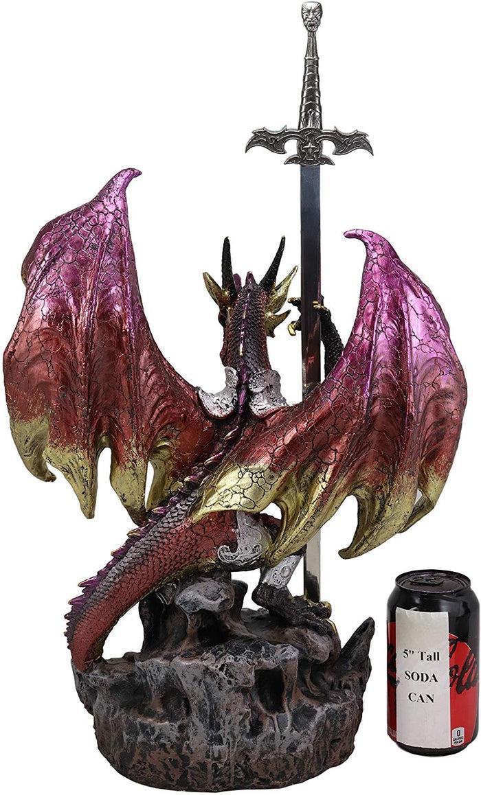 Ebros Gift Large Hyperion Red Ember Crystal Heart Armored Dragon Guardian Of Orb And Excalibur Dagger Blade Sword Statue 12" Tall Medieval Dungeons And Dragons Fantasy Decorative Sculpture