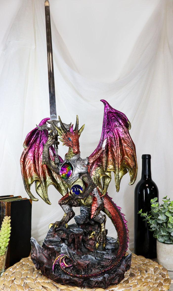 Ebros Gift Large Hyperion Red Ember Crystal Heart Armored Dragon Guardian Of Orb And Excalibur Dagger Blade Sword Statue 12" Tall Medieval Dungeons And Dragons Fantasy Decorative Sculpture