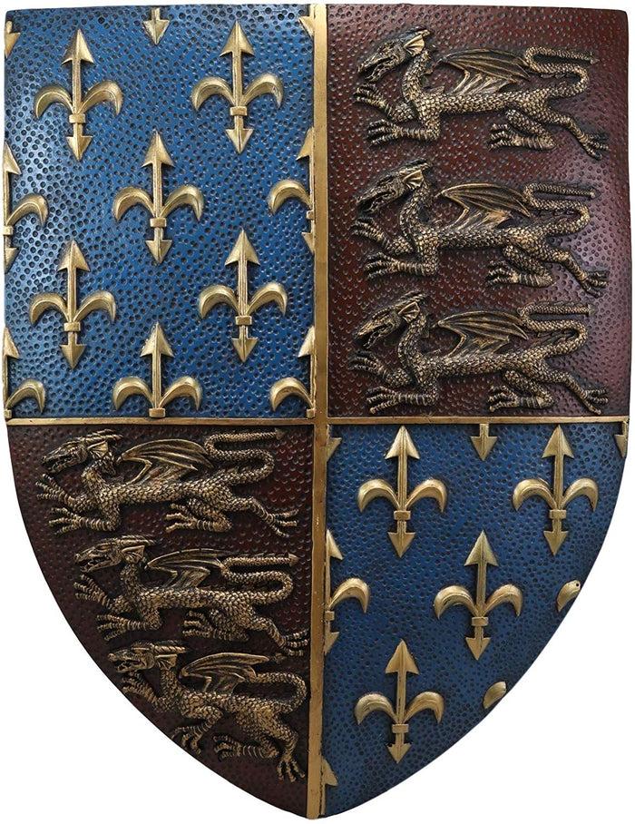 Ebros Gift Large Medieval Kingdom Knight Coat Of Arms Le Fleur Symbols And 3 Dragons Royal Shield Wall Decor Plaque In Maroon And Blue Colors 19" Tall Heraldry House Of Nobility Symbols