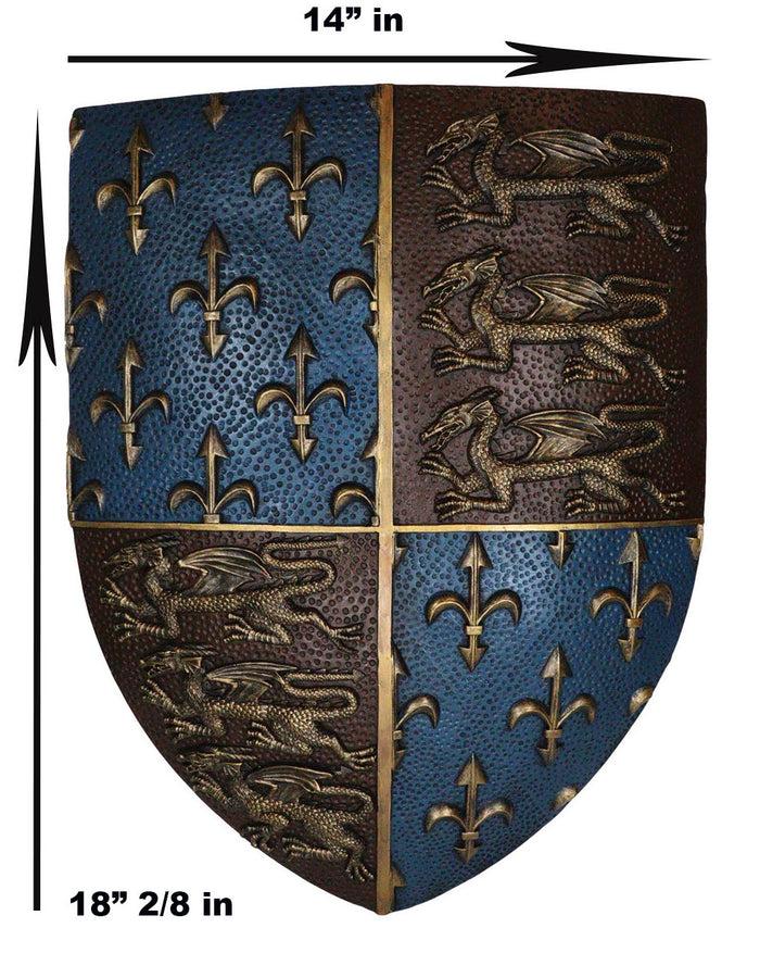 Ebros Gift Large Medieval Kingdom Knight Coat Of Arms Le Fleur Symbols And 3 Dragons Royal Shield Wall Decor Plaque In Maroon And Blue Colors 19" Tall Heraldry House Of Nobility Symbols